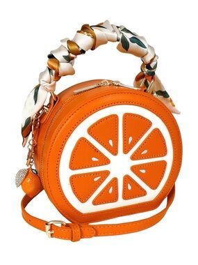 Orange Slice Round Crossbody Bag with scarf and key chain bundle of 3